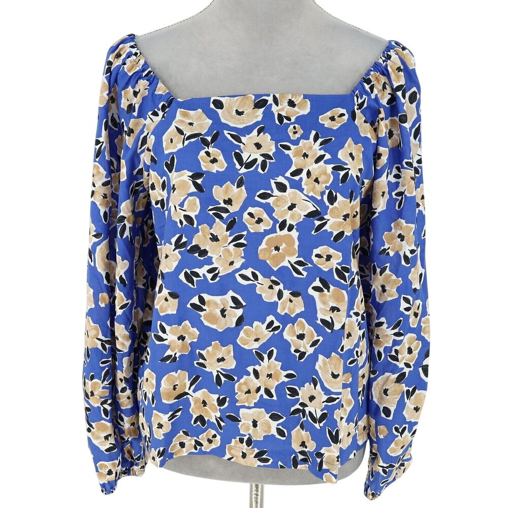Ann Taylor Top Petites MP PM Blue Beige Floral Blouse Career Whimsy Romantic